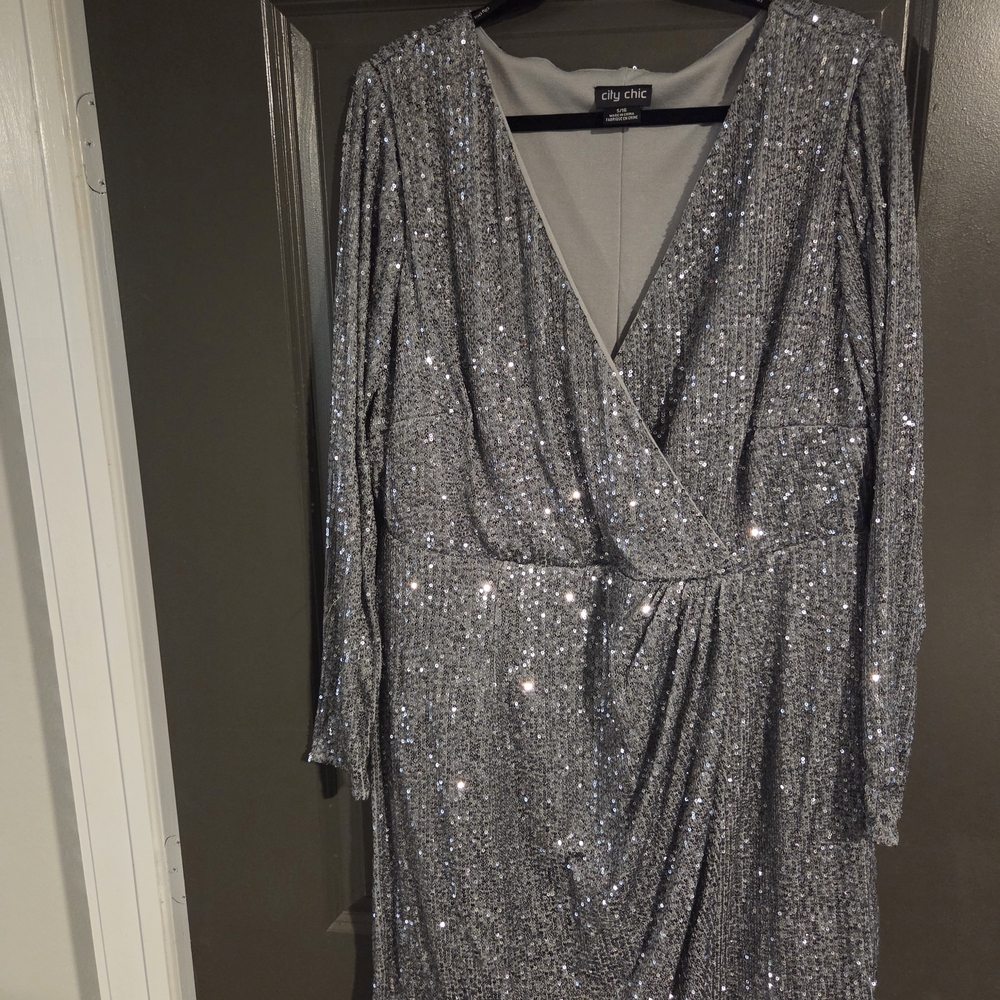 City Chic Silver Sequin Wrap Dress